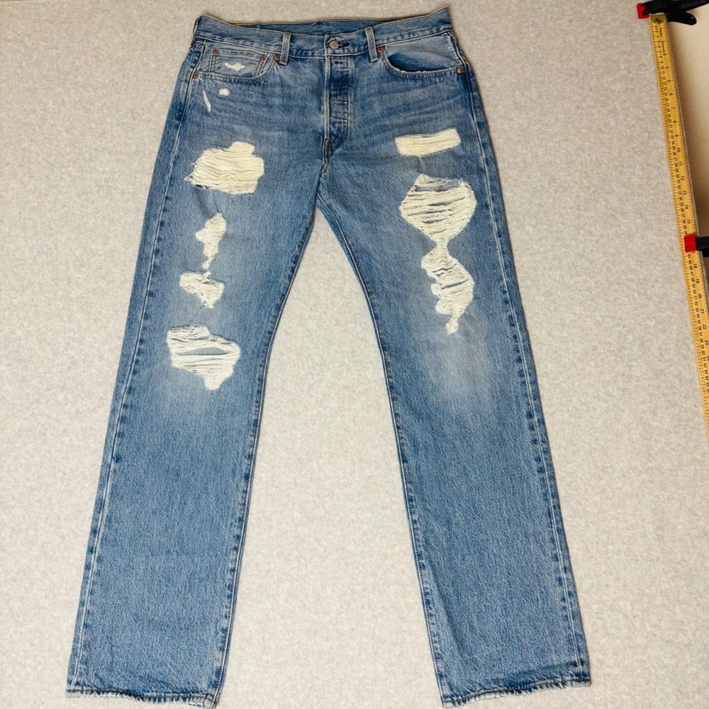 Levis 501 Original Fit Distressed Straight Leg Jeans Blue Mens W34 L34